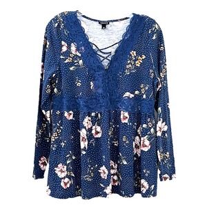 Torrid Women's Baby Doll Top Size 00 (10) Blue Floral V-Neck Long Sleeve Stretch